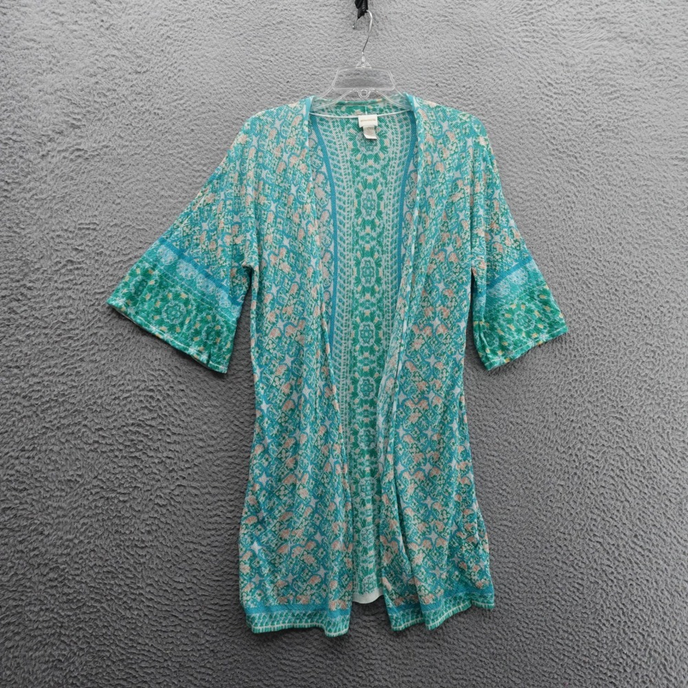 Chicos Long Open Front Cardigan Size 0 US‎ 4 Aqua Multi Womens Lightweight Boho